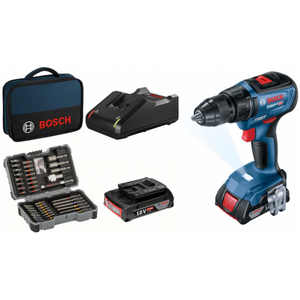 Bosch Profesionalni set: GSR 18V-50 + 43-delni set odvrtača + 2 x 2,0 Ah akumulatora | 06019H5004