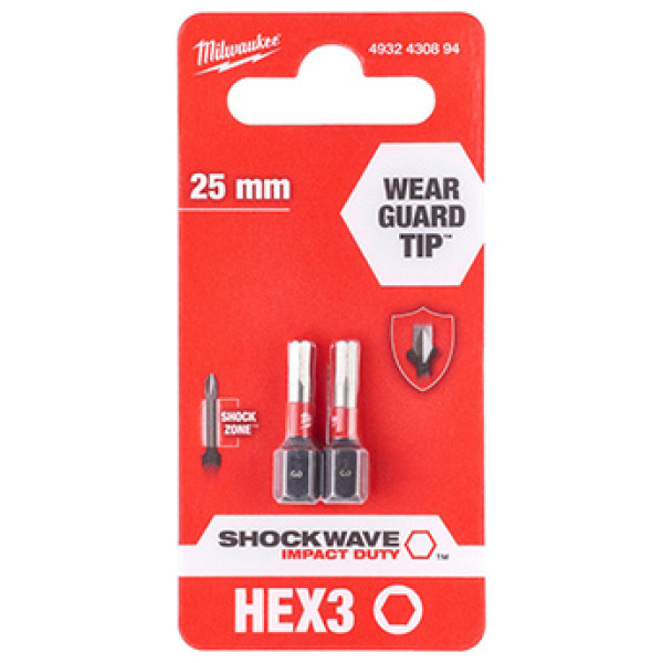 Udarni bitsevi Milwaukee HEX SHOCKWAVE ojačani HEX 3 x 25mm 1/4" / 2 kom| 4932430894