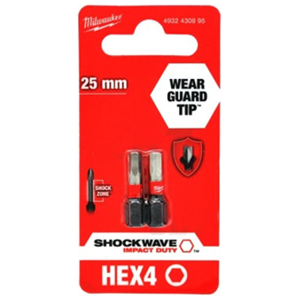 Udarni bitsevi Milwaukee HEX SHOCKWAVE ojačani HEX 4 x 25mm 1/4" / 2 kom | 4932430895