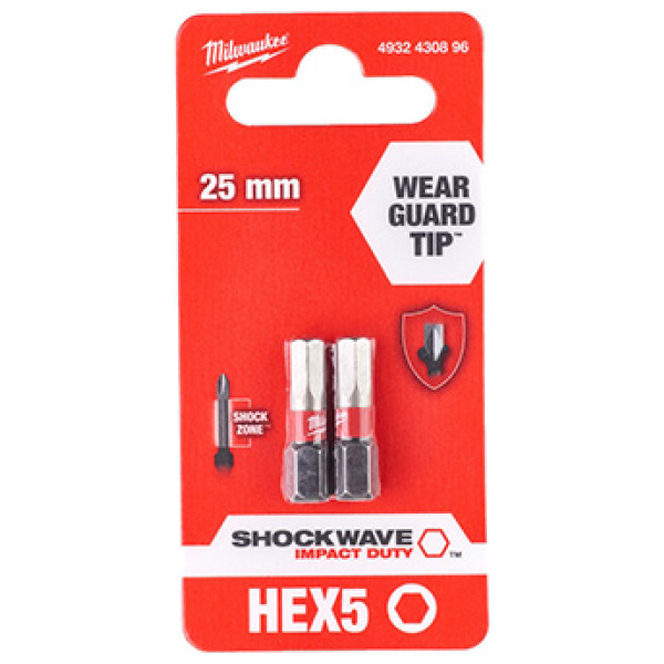 Udarni bitsevi Milwaukee HEX SHOCKWAVE ojačani HEX 5 x 25mm 1/4" / 2 kom | 4932430896