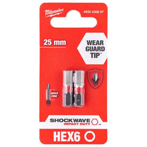 Udarni bitsevi Milwaukee HEX SHOCKWAVE ojačani HEX 6 x 25mm 1/4" / 2 kom | 4932430897