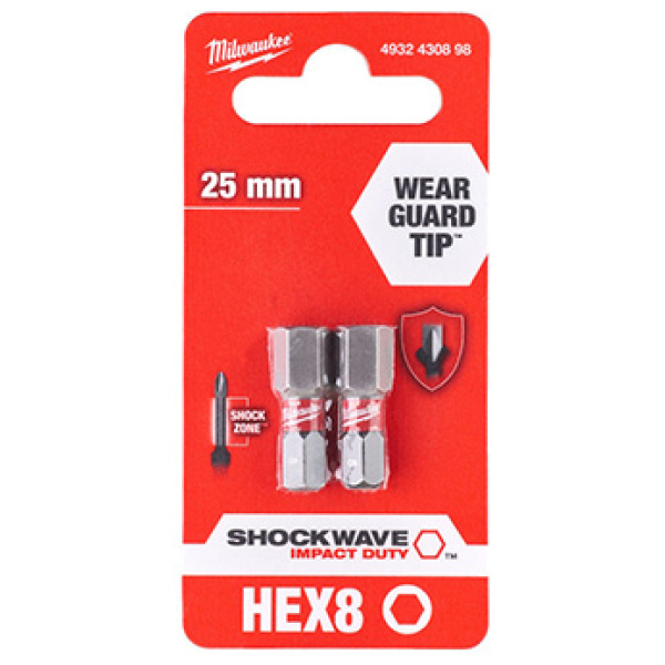 Udarni bitsevi Milwaukee HEX SHOCKWAVE ojačani HEX 8 x 25mm 1/4" / 2 kom | 4932430898