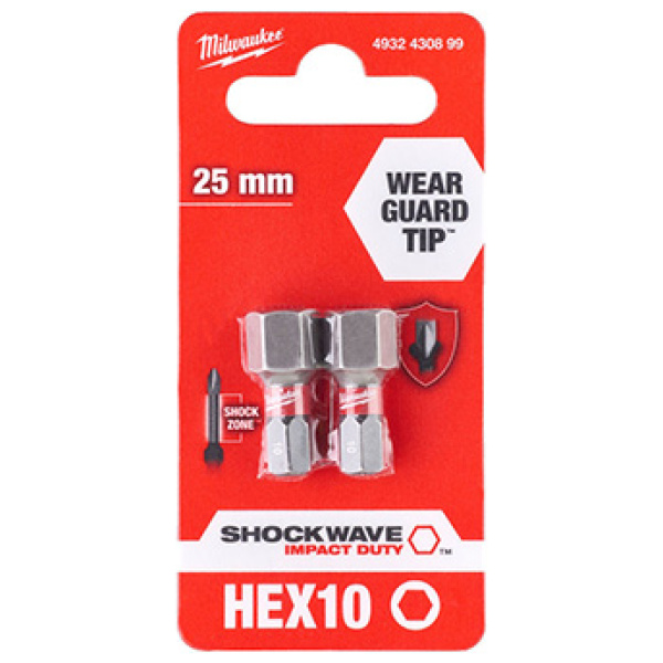 Udarni bitsevi Milwaukee HEX SHOCKWAVE ojačani HEX 10 x 25mm 1/4" / 2 kom | 4932430899