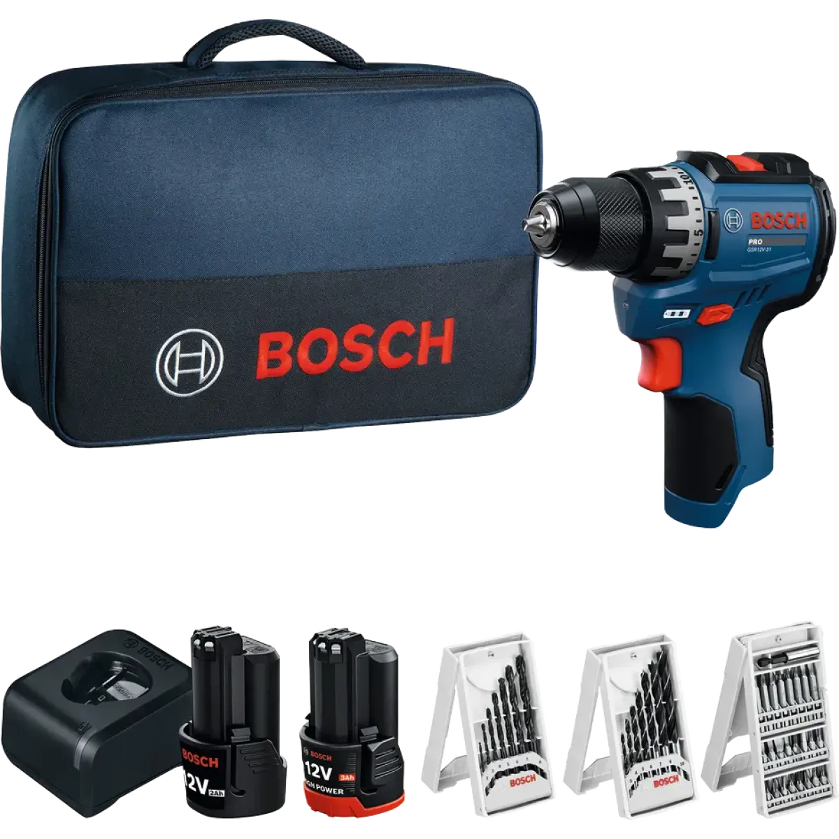 GSR 12V-31 PRO Aku bušilica-odvrtač 1x2.0Ah+1x3.0Ah+punjač+3 seta pribora u Torbi | 06019S6005